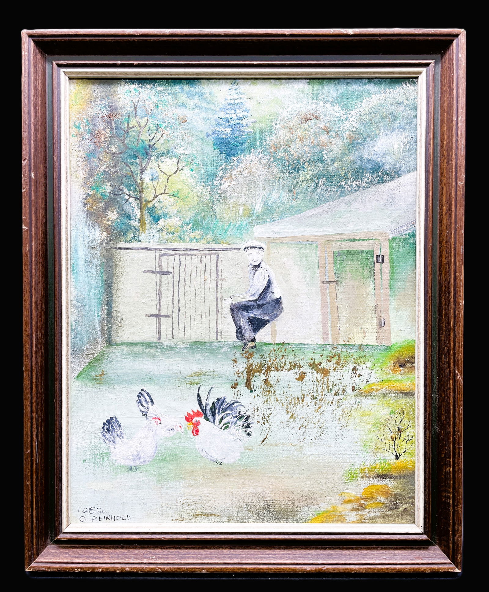 1962 PA FOLK ART Farm Scene w Chickens PAINTING C. REINHOLD Oil Painting Framed: Date/Period: 1962 Dimension: Approx 13 x 10 Material: oil on board, wood frame Additional Information: PA FOLK ART PAINTING C. REINHOLD WOOD FRAME Shipping: Domestic: Flat-rate of $18.00 to anywhere w