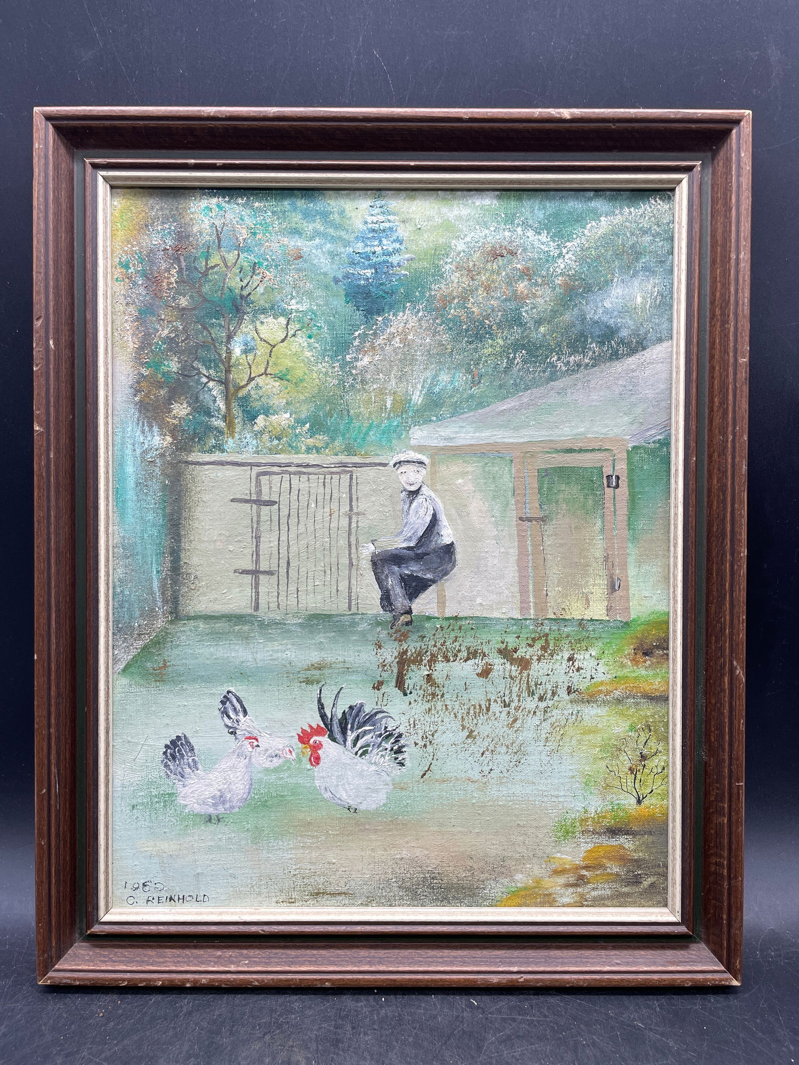 1962 PA FOLK ART Farm Scene w Chickens PAINTING C. REINHOLD Oil Painting Framed - 2