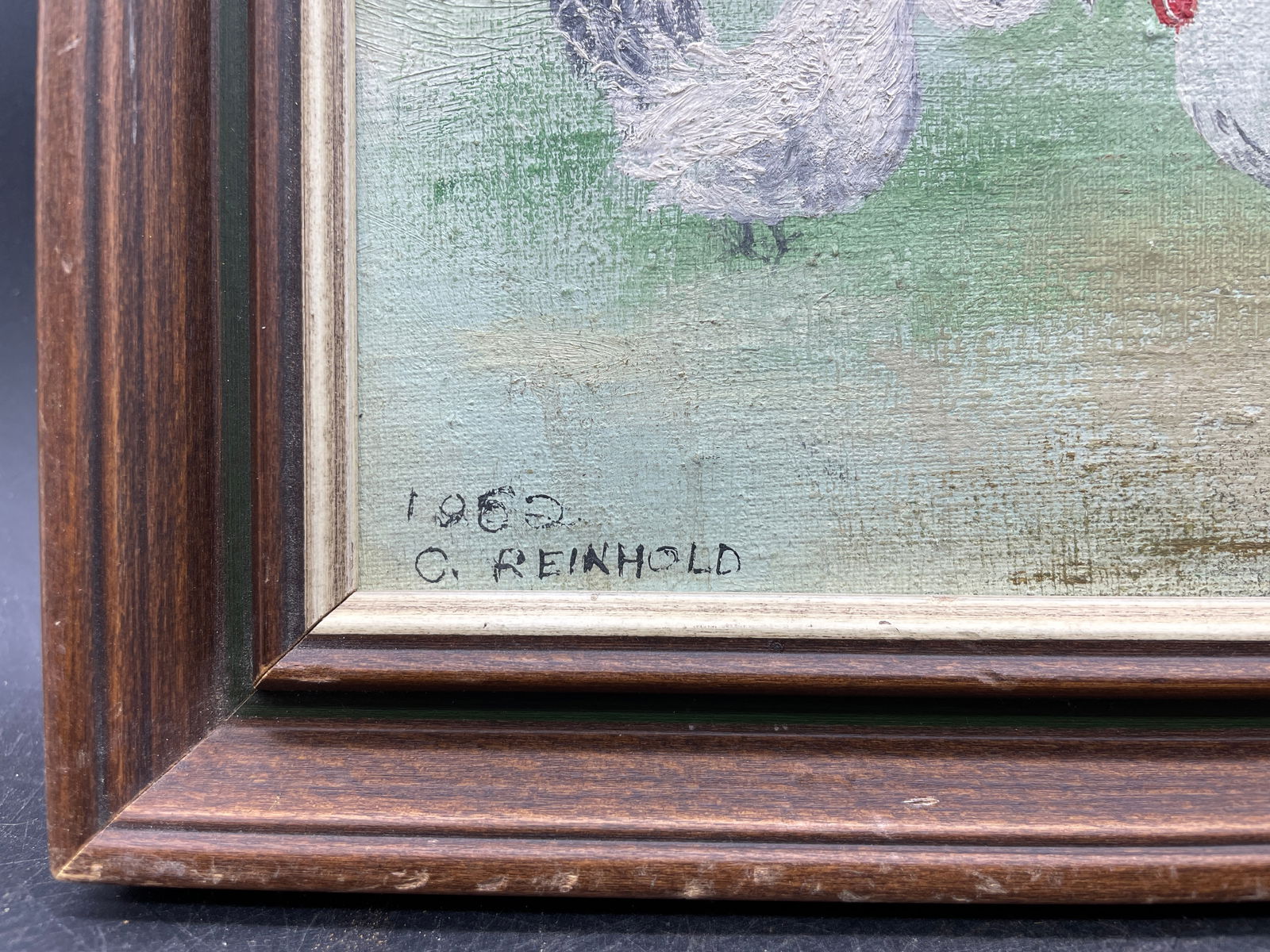 1962 PA FOLK ART Farm Scene w Chickens PAINTING C. REINHOLD Oil Painting Framed - 3