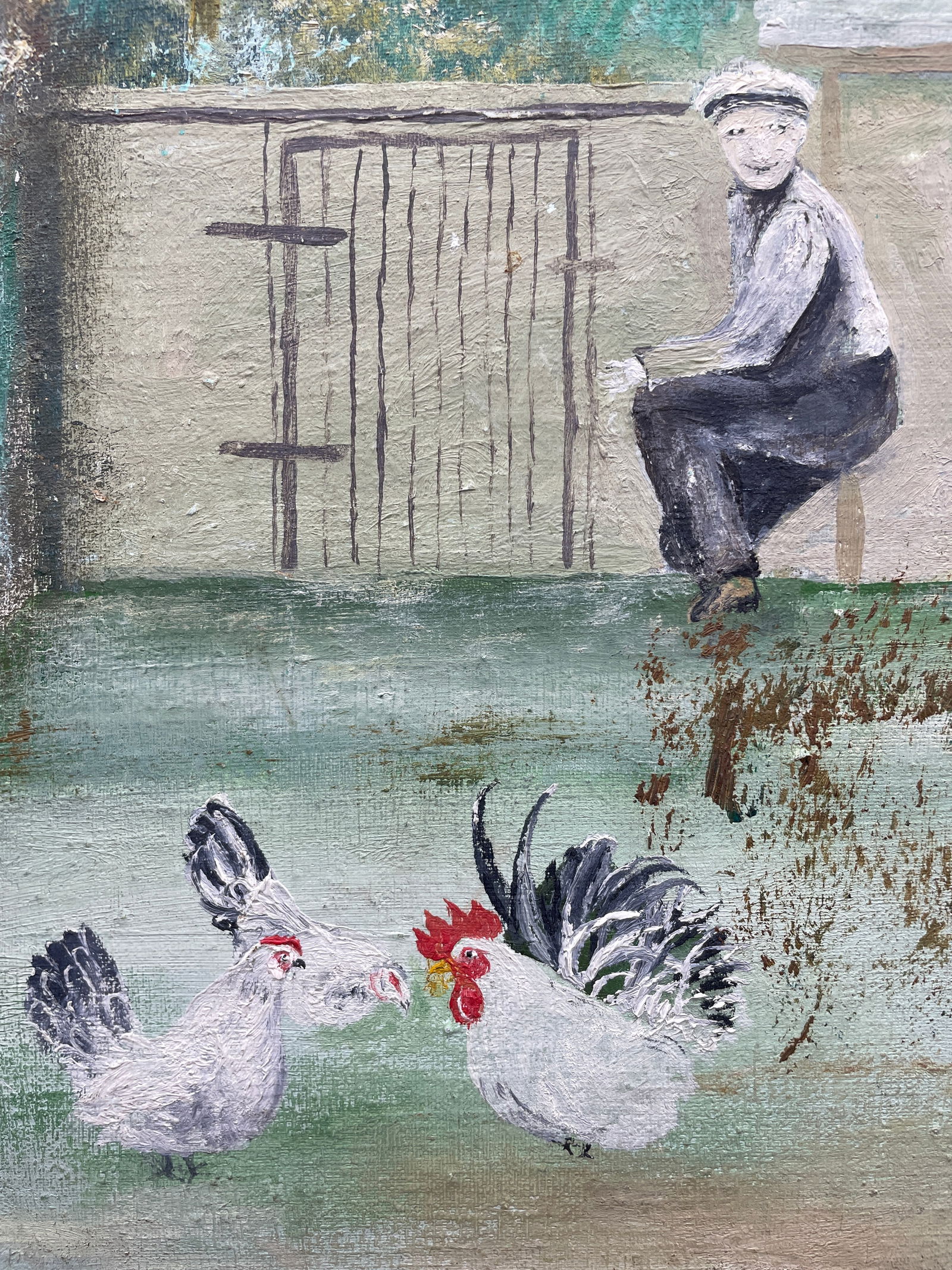 1962 PA FOLK ART Farm Scene w Chickens PAINTING C. REINHOLD Oil Painting Framed - 4