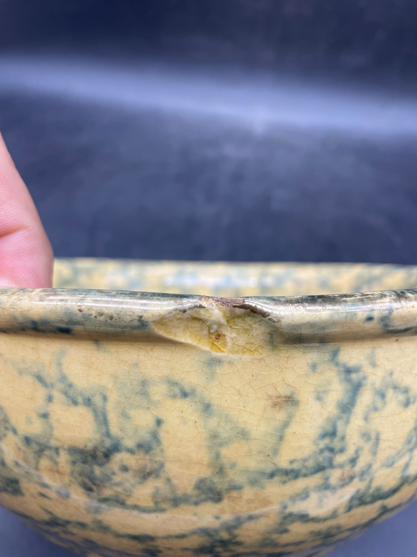 Antique 8" Spongeware Bowl Yellowware - 7