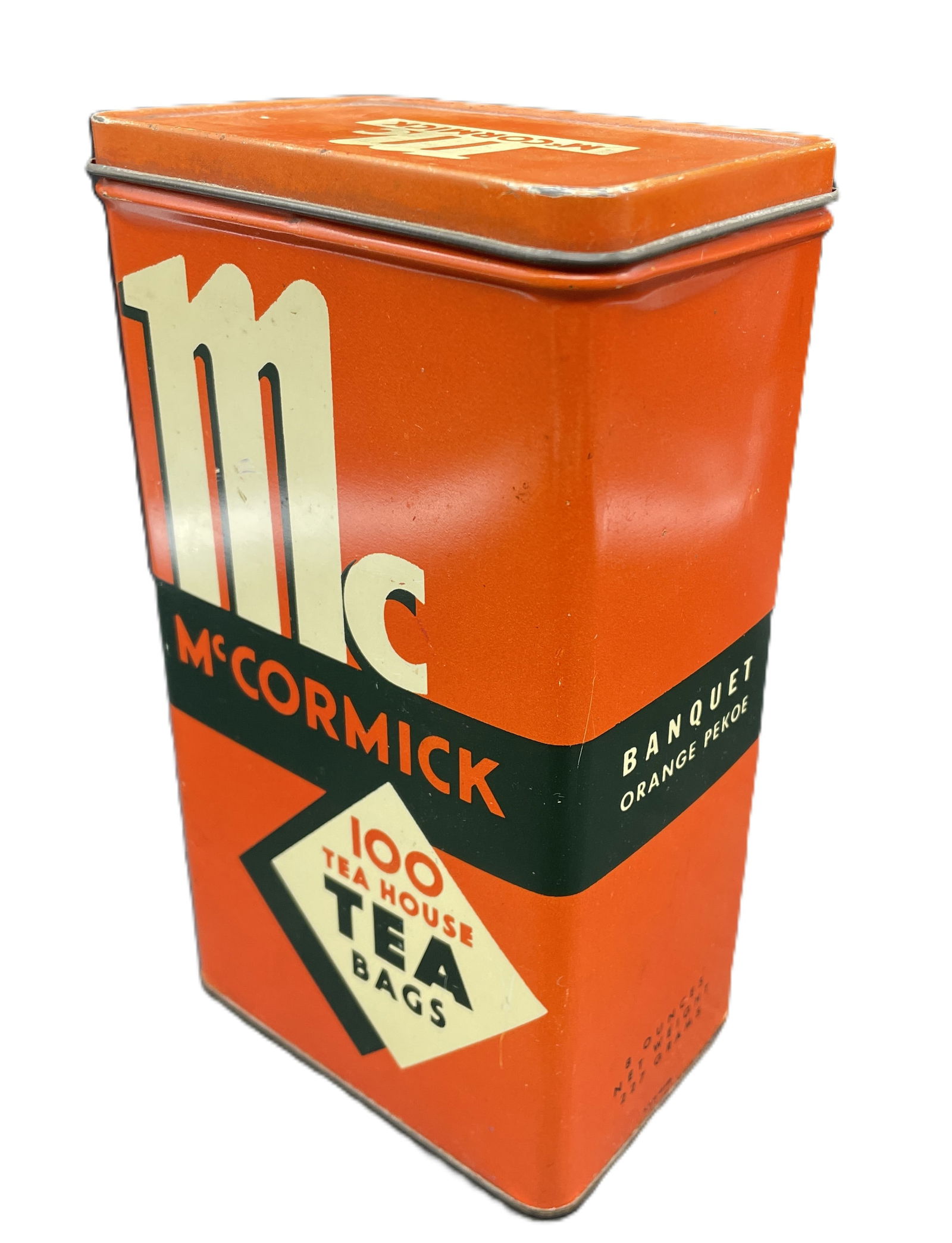 Antique 1938 McCormick Orange Pekoe Tea House 100 Bag 8 Oz Tin Made in USA: Date/Period: approx 1930'sDimension: Approx. 7.5" tallMaterial: tinAdditional Information: Antique 1938 McCormick Orange Pekoe Tea House 100 Bag 8 Oz Tin Made in USA Shipping:Domestic: Flat-rate of