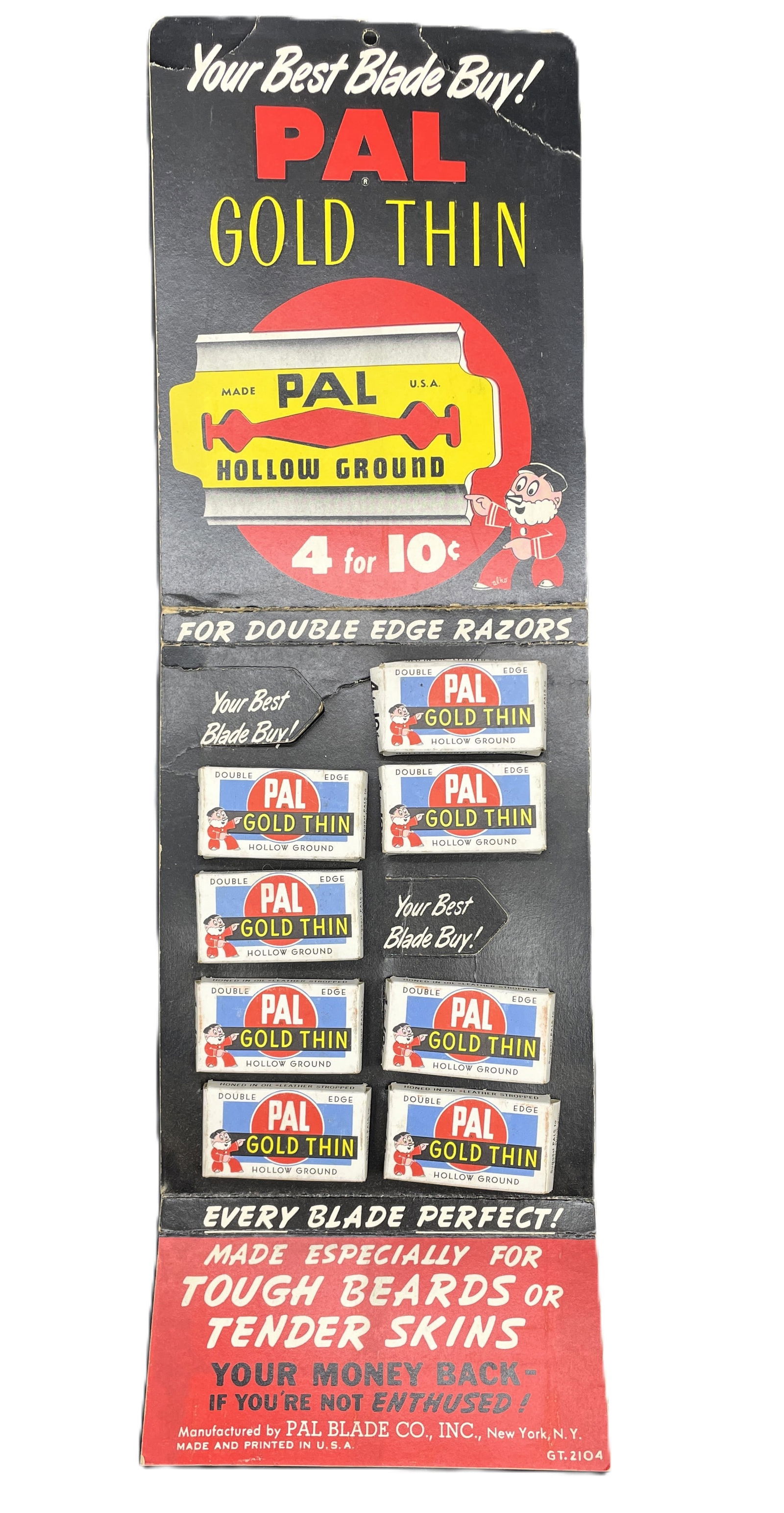 Vintage 1950's - Wall/Counter Display with New Old Stock PAL GOLD THIN Blades: Date/Period: Approx. 1950'sDimension: Approx. 17" x 5.5"Material: cardstock and mixed materialsAdditional Information: Very nice vintage PAL wall or counter display for PAL GOLD THIN BLADES. COMES