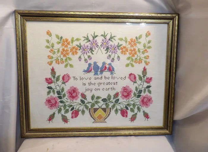 Vintage Romantic Needlepoint: Detailed vintage needlepoint artwork depicting a romantic scene, professionally framed and ready for display. Shipping:Domestic: Flat-rate of $54.00 to anywhere within the contiguous