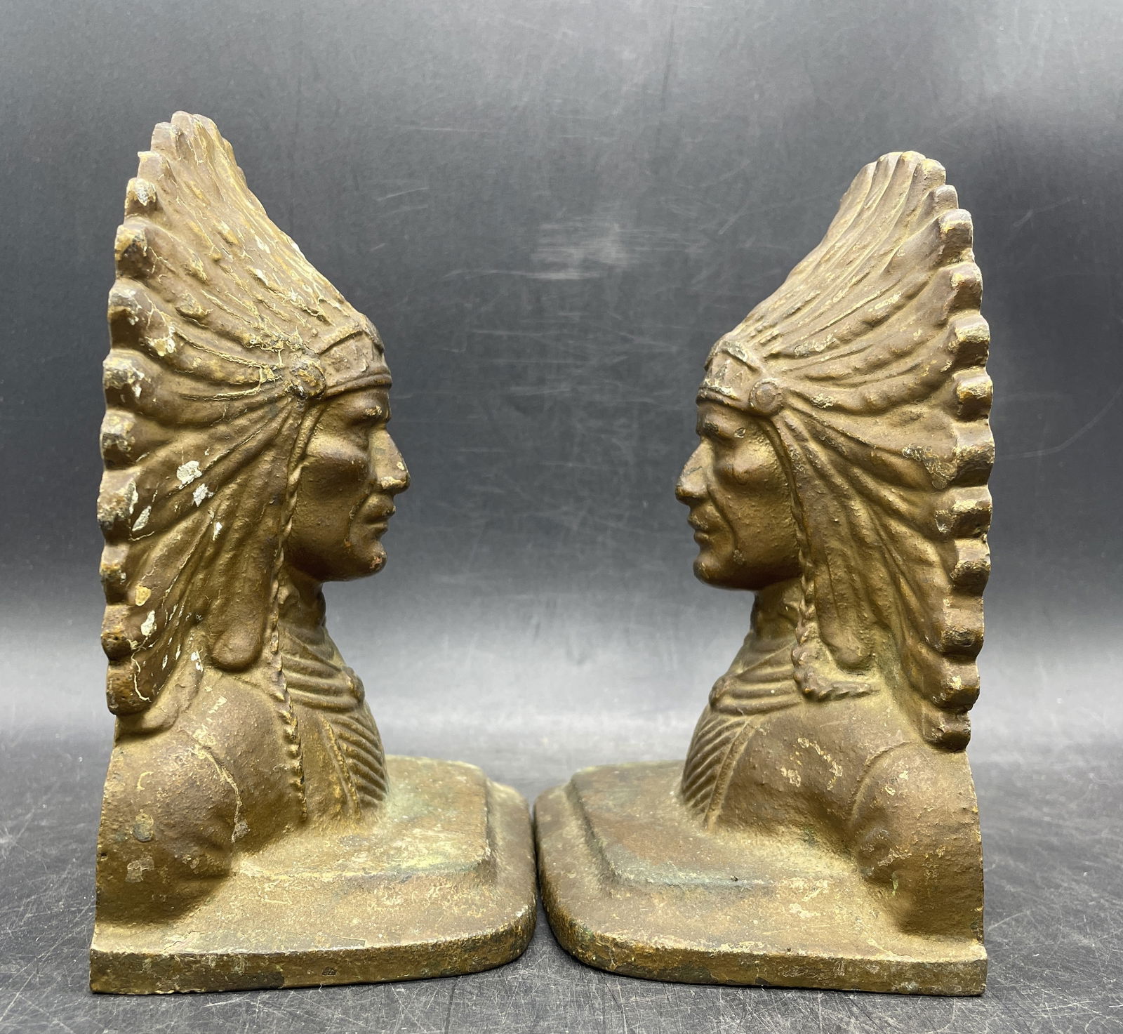 Antique Jennings Brothers Indian Chief Cast Iron Bookends Sculpture PAIR - 3