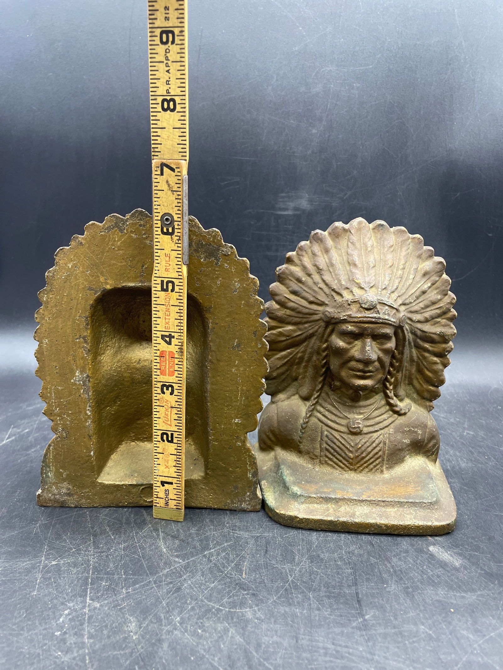 Antique Jennings Brothers Indian Chief Cast Iron Bookends Sculpture PAIR - 8