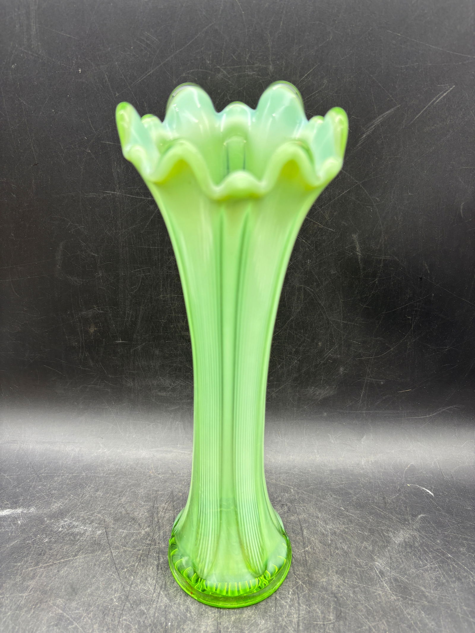 NORTHWOOD GREEN OPALESCENT THIN TICK RIB GREEN SWUNG VASE 12"" ANTIQUE (1 of 8)