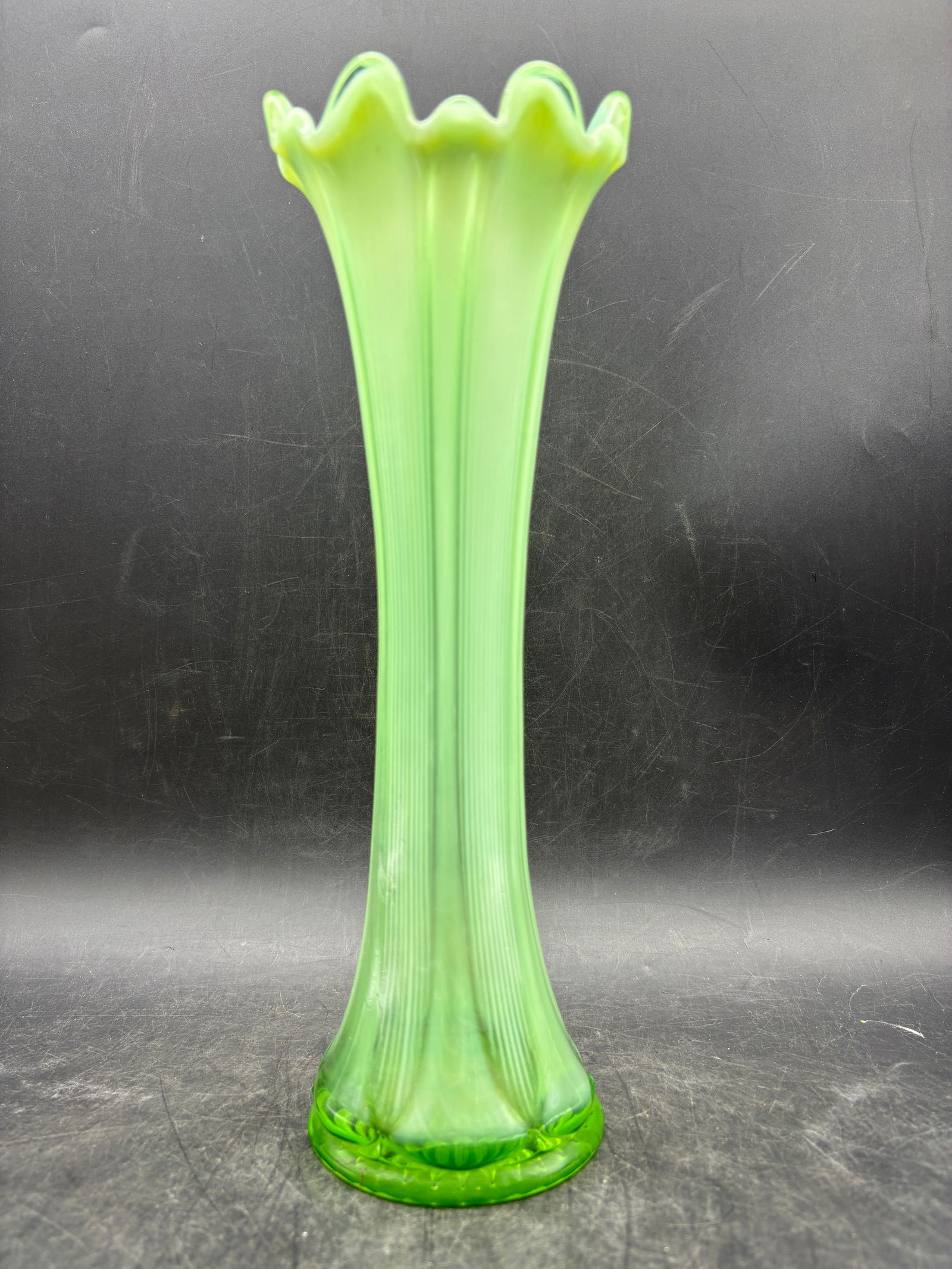 NORTHWOOD GREEN OPALESCENT THIN TICK RIB GREEN SWUNG VASE 12"" ANTIQUE - 2
