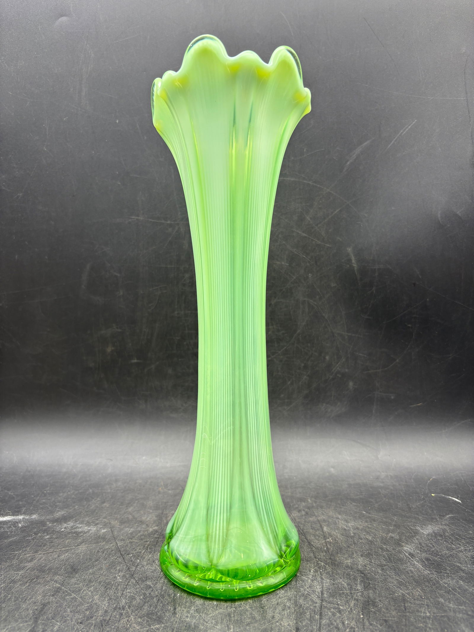 NORTHWOOD GREEN OPALESCENT THIN TICK RIB GREEN SWUNG VASE 12"" ANTIQUE - 3