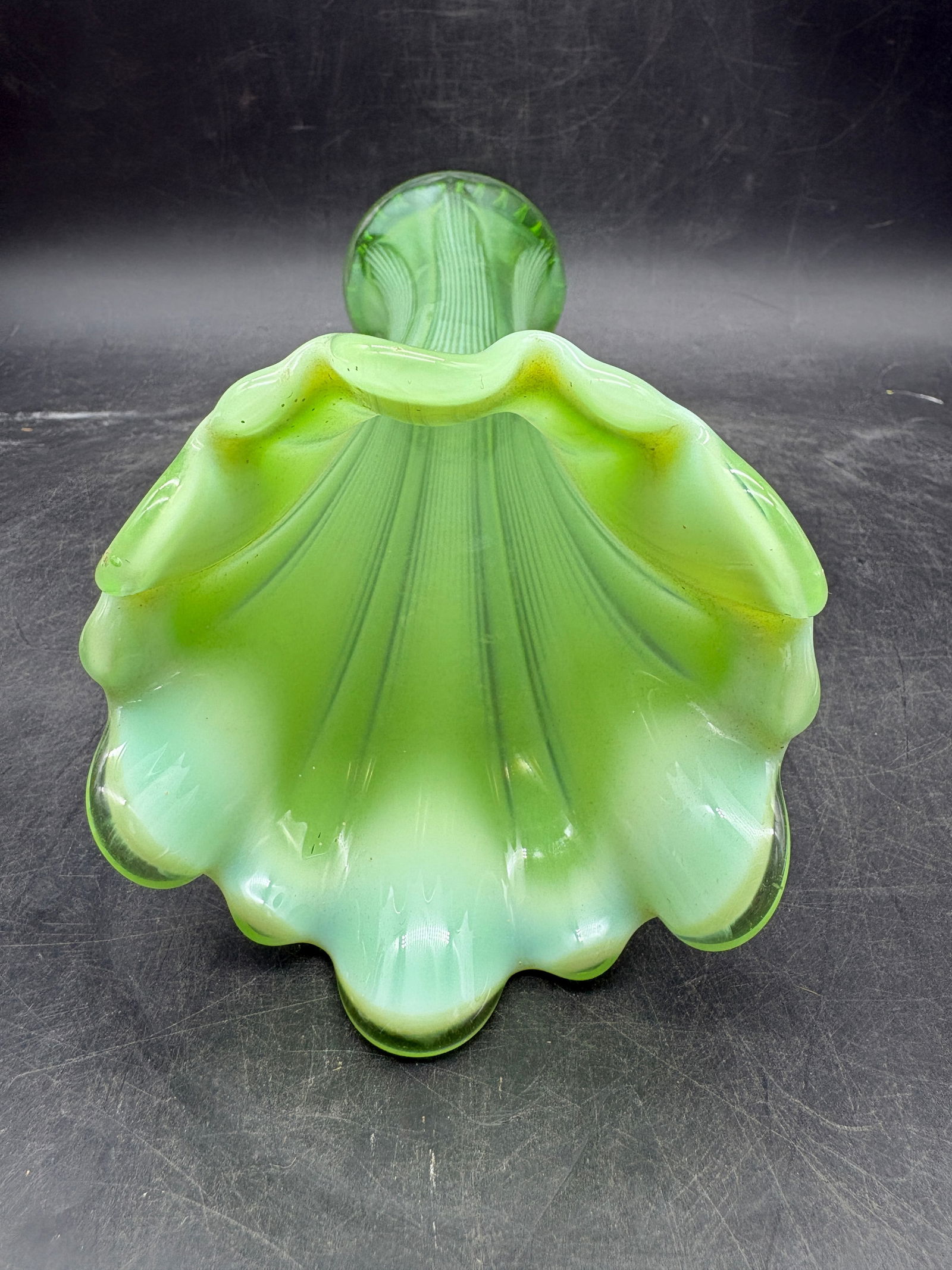 NORTHWOOD GREEN OPALESCENT THIN TICK RIB GREEN SWUNG VASE 12"" ANTIQUE - 4