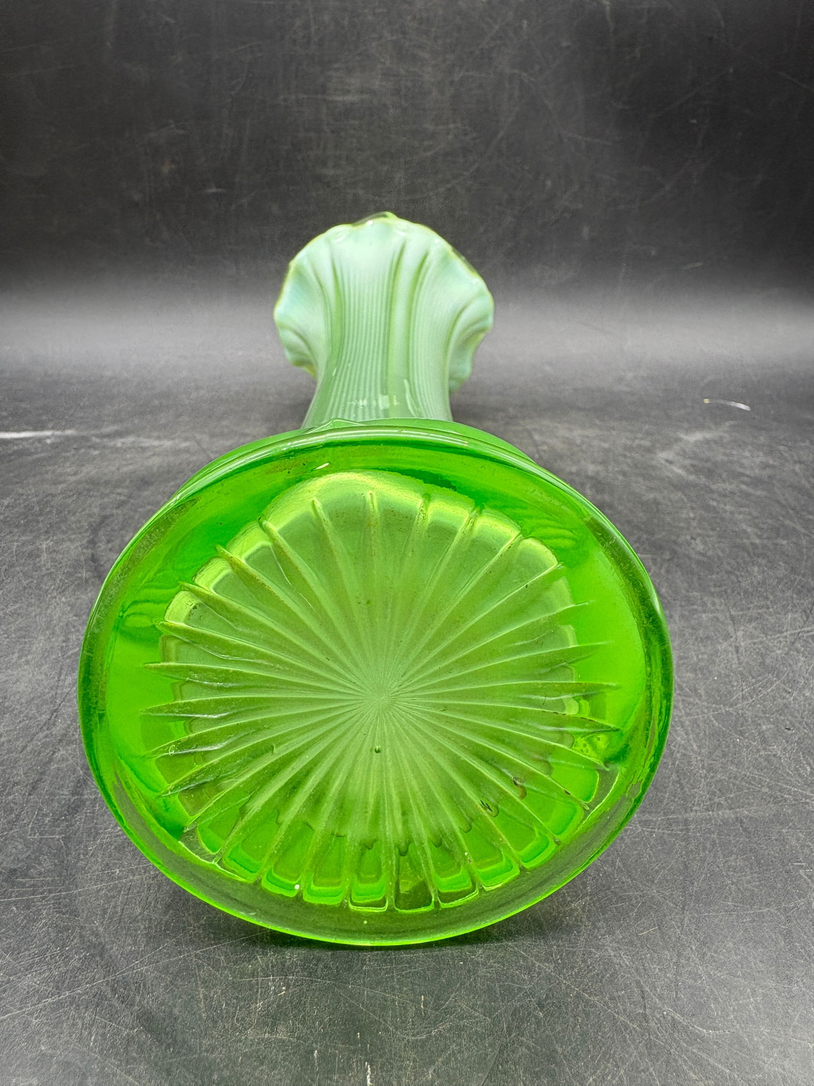 NORTHWOOD GREEN OPALESCENT THIN TICK RIB GREEN SWUNG VASE 12"" ANTIQUE - 5