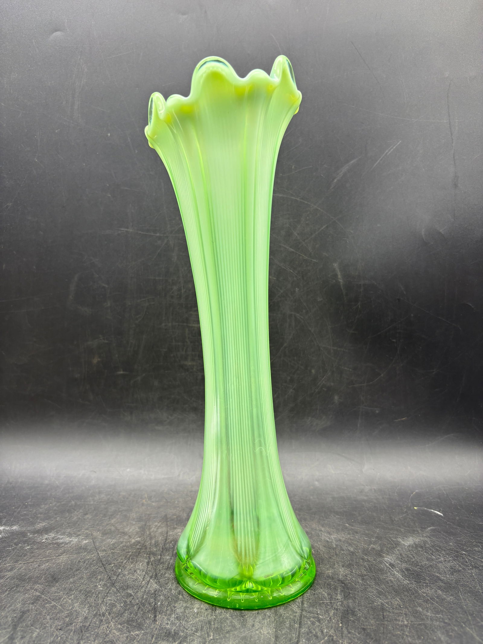 NORTHWOOD GREEN OPALESCENT THIN TICK RIB GREEN SWUNG VASE 12"" ANTIQUE - 6