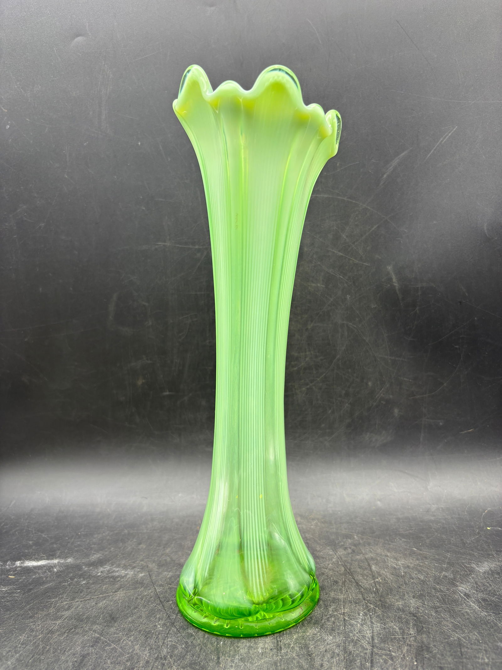 NORTHWOOD GREEN OPALESCENT THIN TICK RIB GREEN SWUNG VASE 12"" ANTIQUE - 7