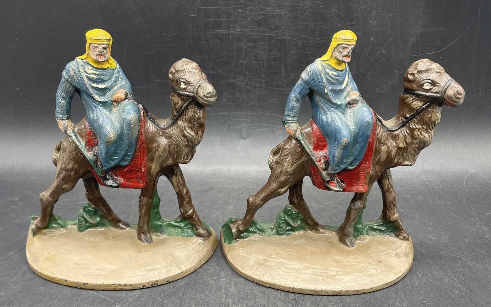 Antique CAST IRON ARABIAN MAN RIDING CAMEL BOOKENDS #418 Hubley Bedouin - 2