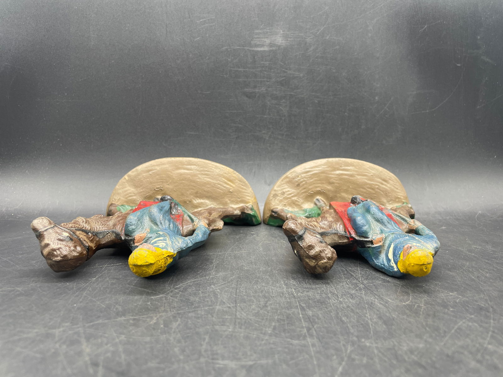 Antique CAST IRON ARABIAN MAN RIDING CAMEL BOOKENDS #418 Hubley Bedouin - 7