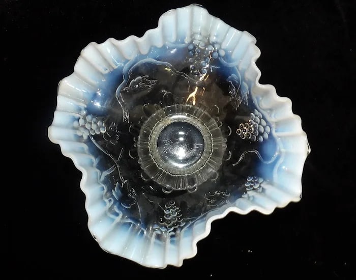 Jefferson 8” Footed Crimped Grape Vine Bowl: Vintage Jefferson glass bowl in the Grape Vine pattern, featuring a footed base and a crimped, ruffled rim. Shipping:Domestic: Flat-rate of $16.00 to anywhere within the contiguous