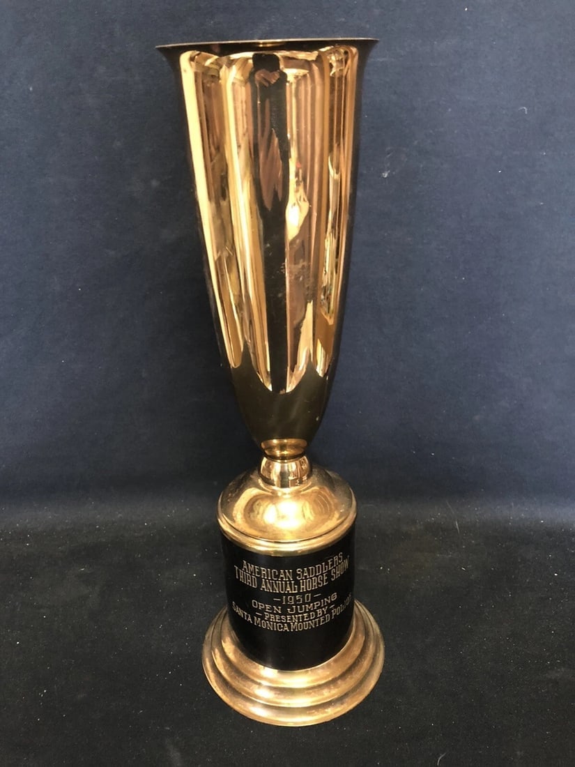 1950 15 3/8” american saddlers horse jumping trophy Santa Monica Ca: It measures 15 3/8” x 4 1/8” and is dated 1950. It has wear as shown in the photos Shipping:Domestic: Flat-rate of $20.00 to anywhere within the contiguous U.S.International: Foreign