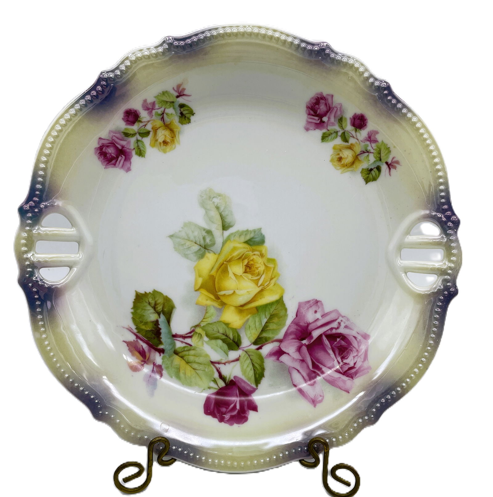 ANTIQUE GERMAN CAKE PLATE: Date/Period: APPROX LATE 1800'S-EARLY 1900'SDimension: APPROX 9"Material: PORCELAIN CERAMICAdditional Information: ANTIQUE PK SILESIA KÖNIGSZELT GERMANY CAKE PLATE ROSES Shipping:Domestic: