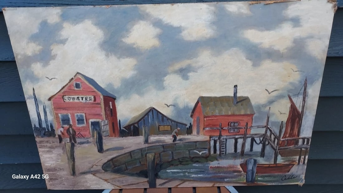 Lobster shack Oil painting 1950 coastal great colors: Great looking piece in good condition. Hard to find lobster shack scene. 1950. Measures approximately 20 x 30". Shipping charges include insurance. BID WITH CONFIDENCE AS ALL ITEMS ARE GUARANTEED TO