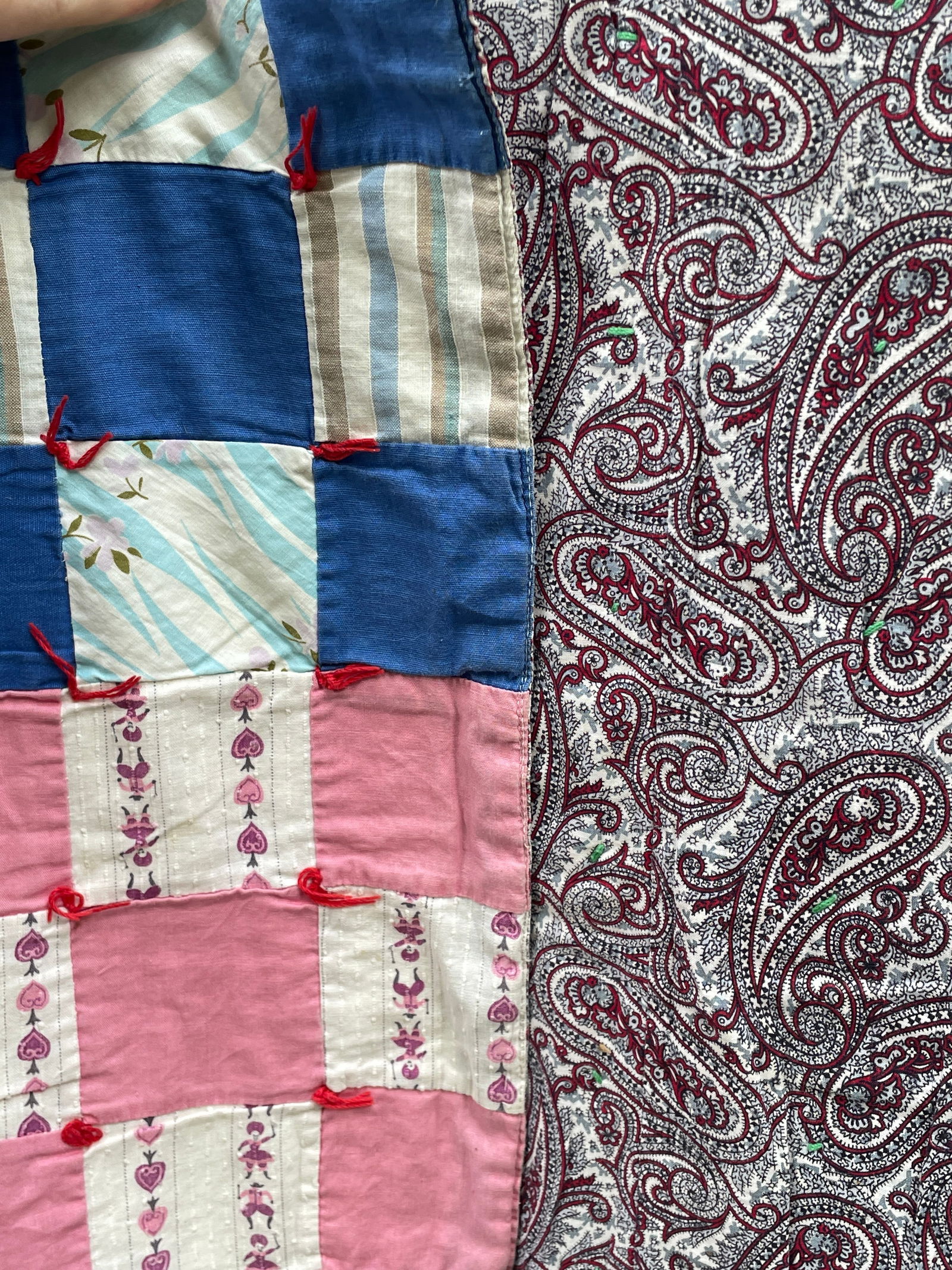Vintage Patchwork Quilt w/Knots, Multicolored w Paisley back - 7