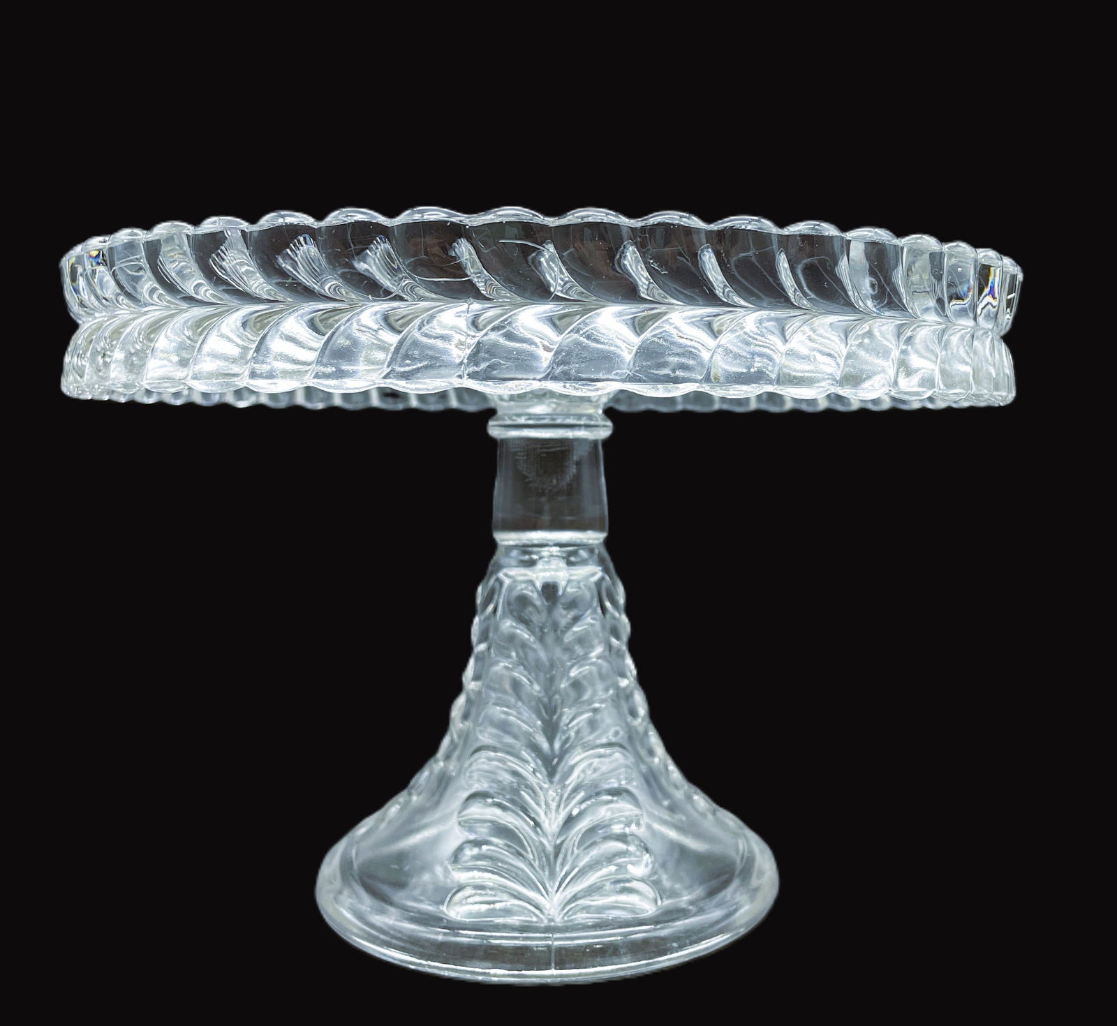 Antique EAPG pattern glass ADAMS & CO. Feather PLUME PEDESTAL CAKE STAND - 2