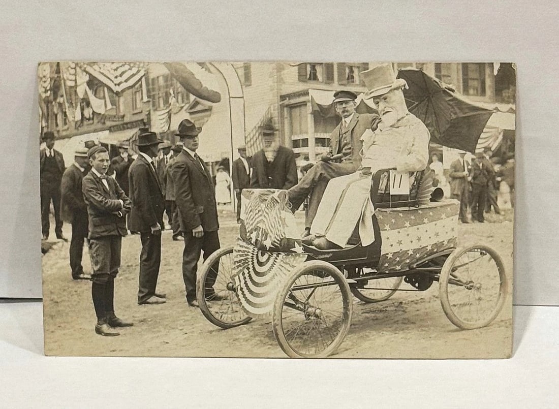 Real Patriotic Uncle Sam Photo Horseless Carriage Parade American Flags 1907 - 2