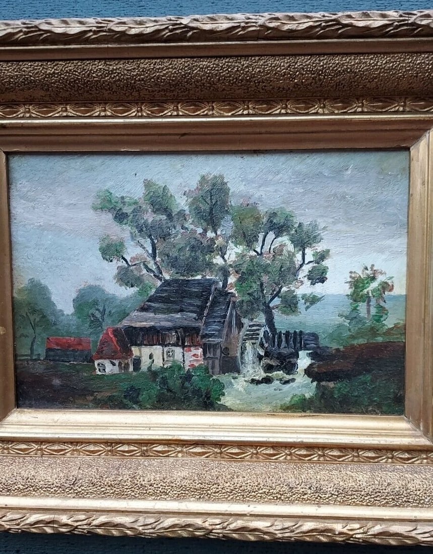 Miniature oil painting on Board 1890 House on lake W.P. gristmill: Great looking piece in Excellent condition. Great look. Backing replaced. Purchased with similar painting signed W.P. Also listed. Measures 8 x 10" with frame. Shipping charges include insurance. BID
