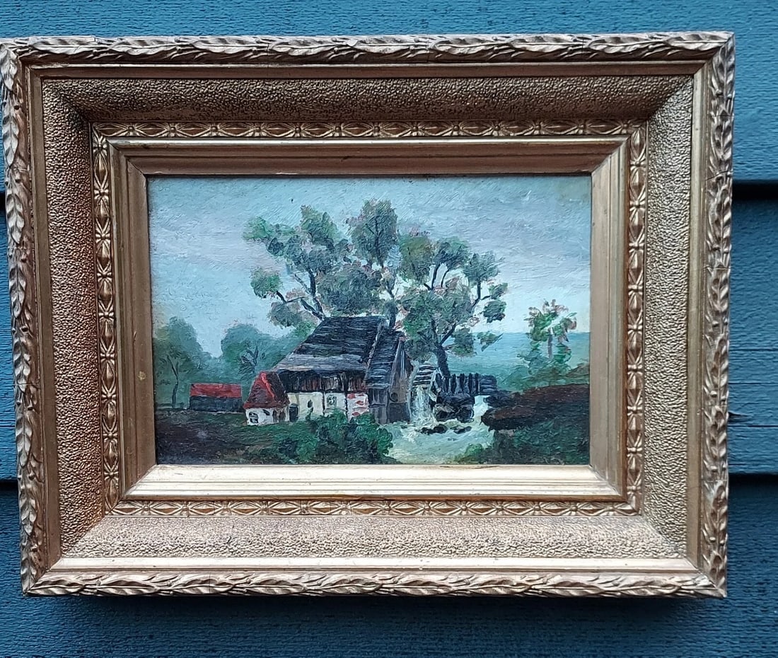 Miniature oil painting on Board 1890 House on lake W.P. gristmill - 2