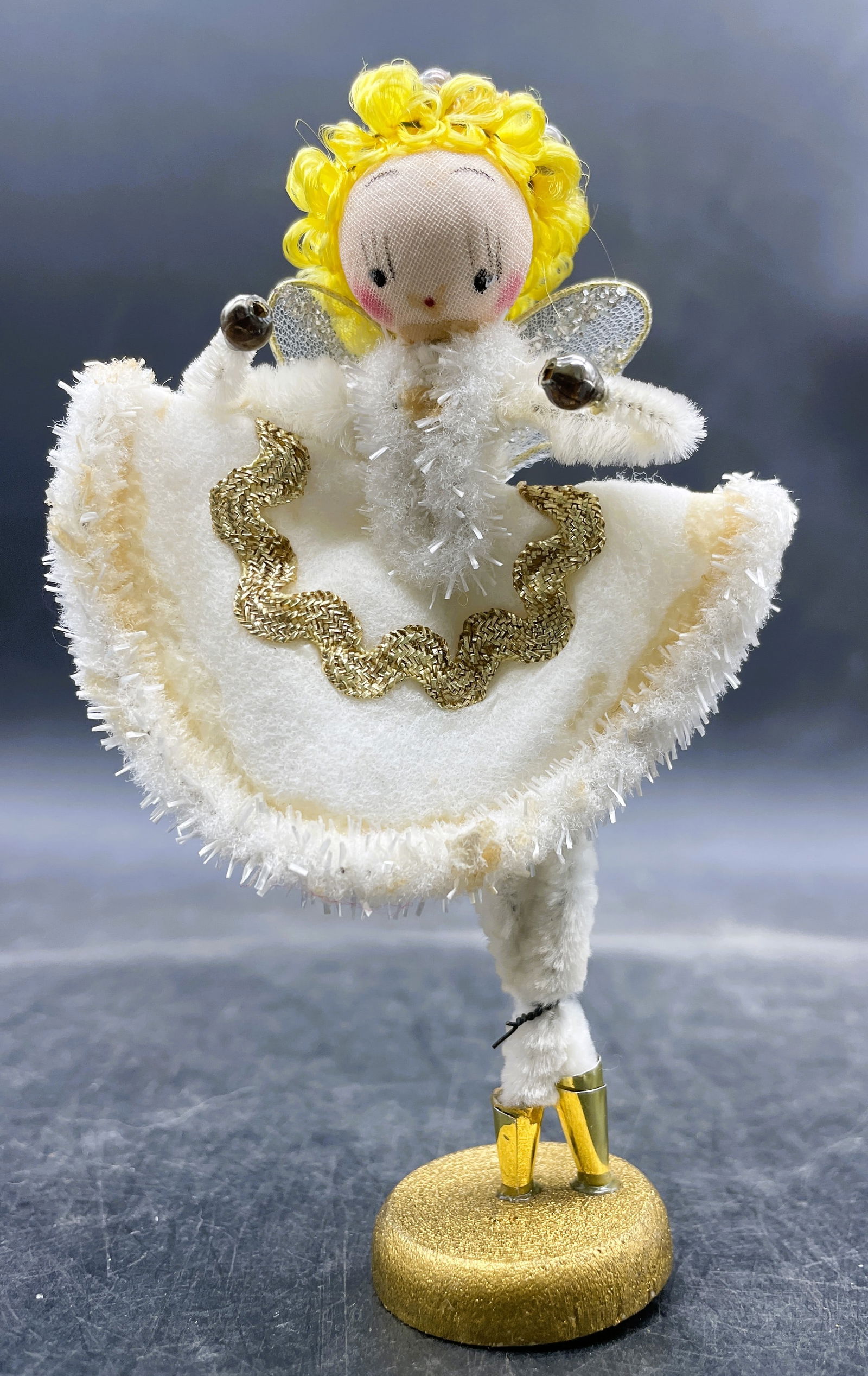 Vintage Japan Pipe Cleaner Angel Ballerina Tulle Wings Yarn Hair: Date/Period: approx. 1950'sDimension: Approx. 4.25"Material: mixed materialsAdditional Information: Vintage Japan Pipe Cleaner Angel Ballerina Tulle Wings Yarn Hair Shipping:Domestic: Flat-rate of