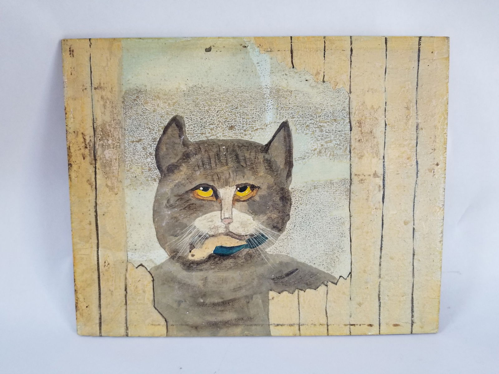 Cat painting on wood panel: Oil, 8 by 10 inches. Some surface wear. C. 1900. New York state. Shipping: Domestic: Shipping rates are determined by destination International: Foreign shipping rates are determined