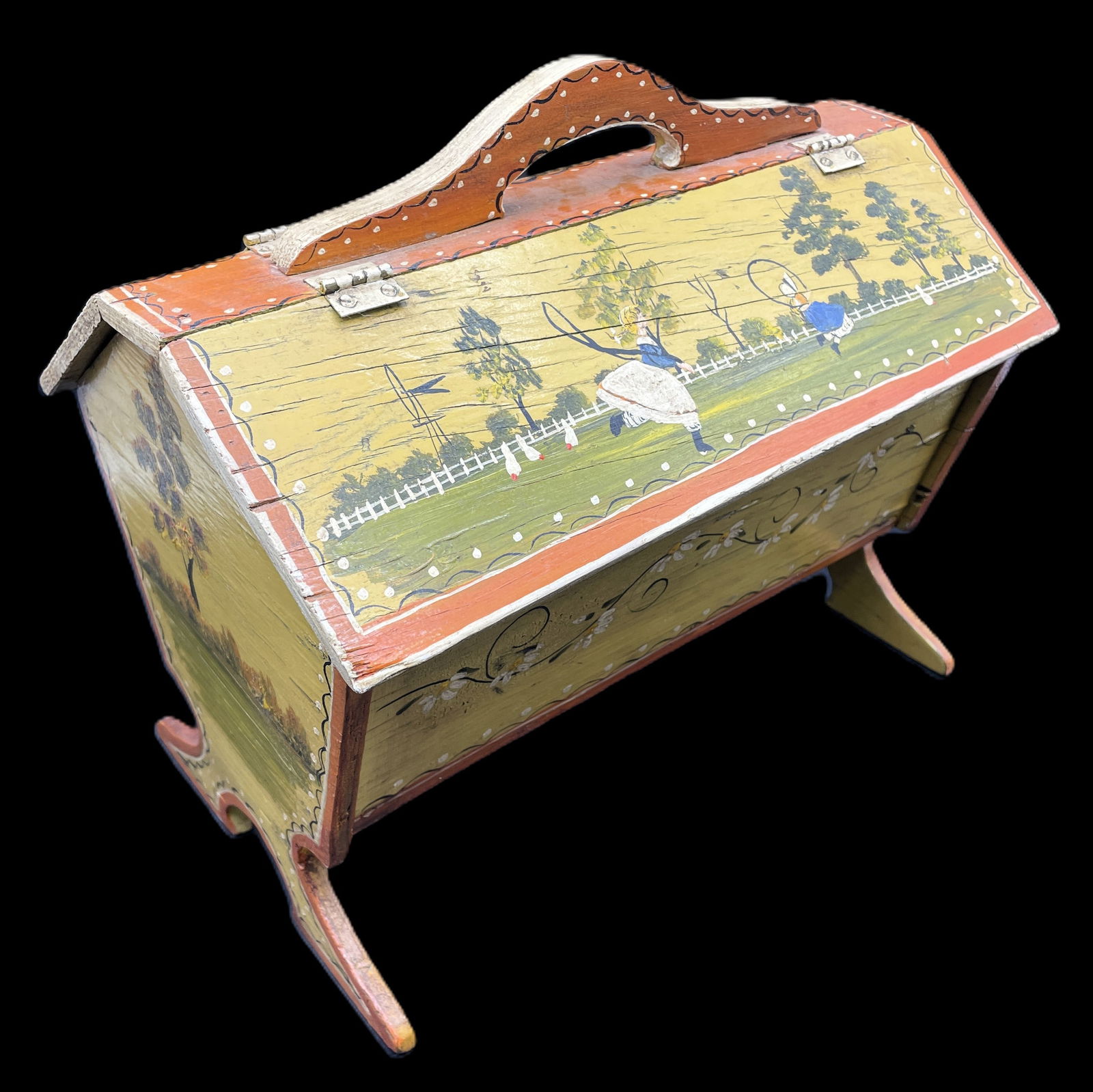 Primitive Folk Art Tole Painted Hand Made Wood Sew/Knit Box Signed - 2