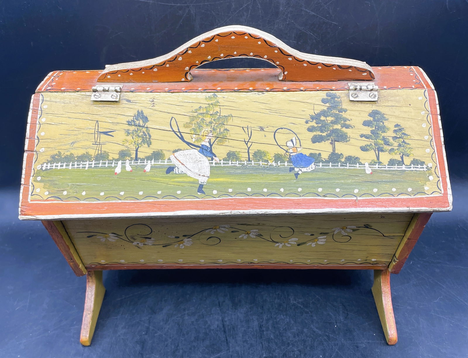 Primitive Folk Art Tole Painted Hand Made Wood Sew/Knit Box Signed - 4