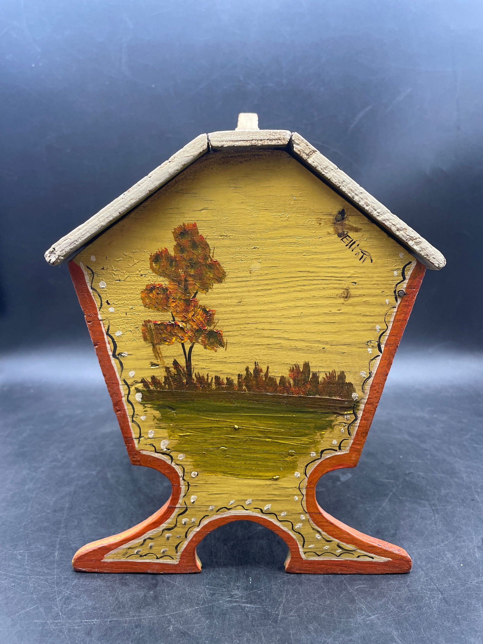 Primitive Folk Art Tole Painted Hand Made Wood Sew/Knit Box Signed - 5