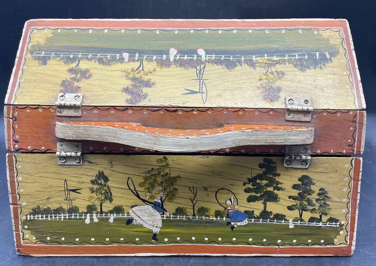 Primitive Folk Art Tole Painted Hand Made Wood Sew/Knit Box Signed - 6