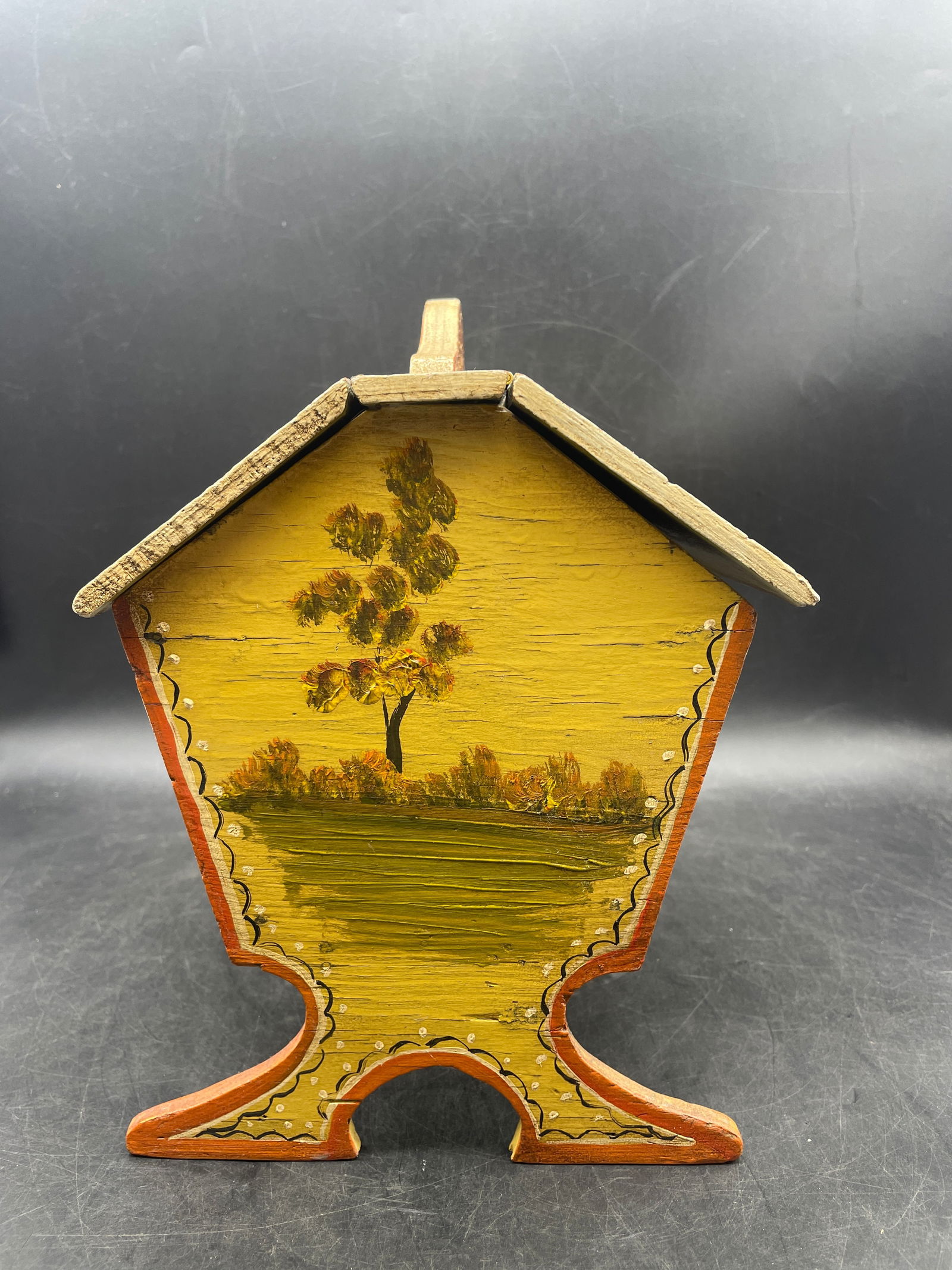 Primitive Folk Art Tole Painted Hand Made Wood Sew/Knit Box Signed - 7