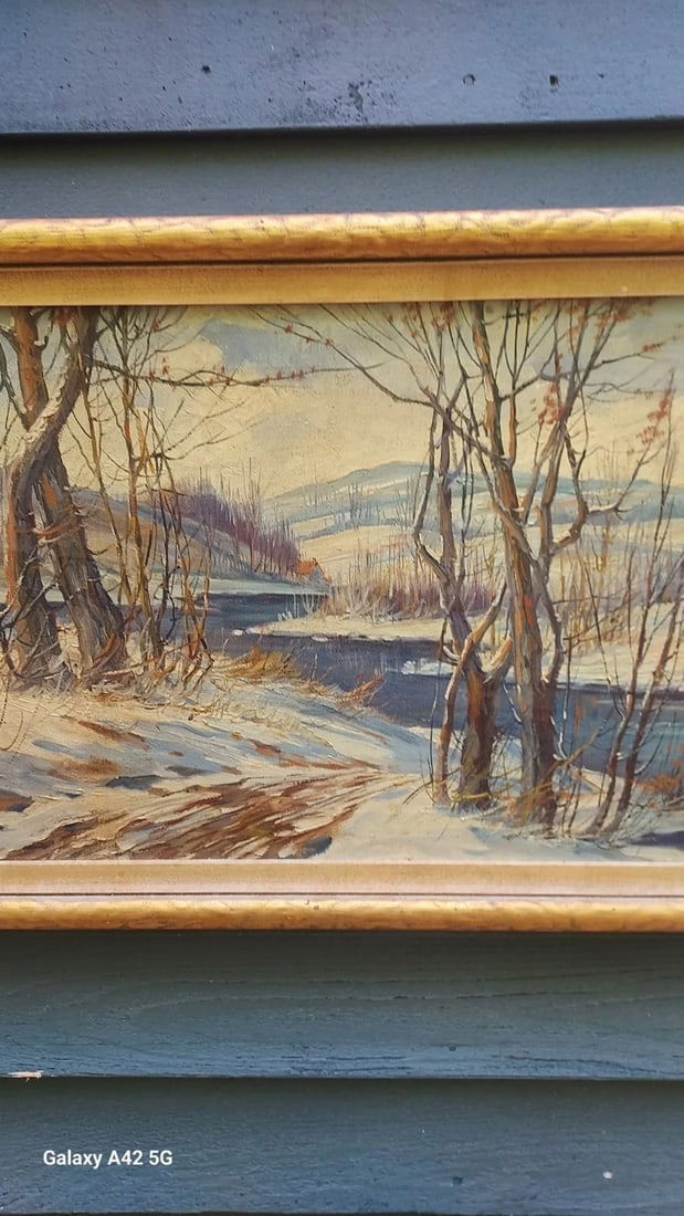 Oil painting Listed Artist CW Fryer gorgeous colors 20 x 40" Winter Scene - 2