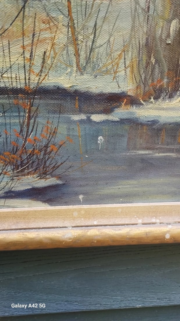 Oil painting Listed Artist CW Fryer gorgeous colors 20 x 40" Winter Scene - 3