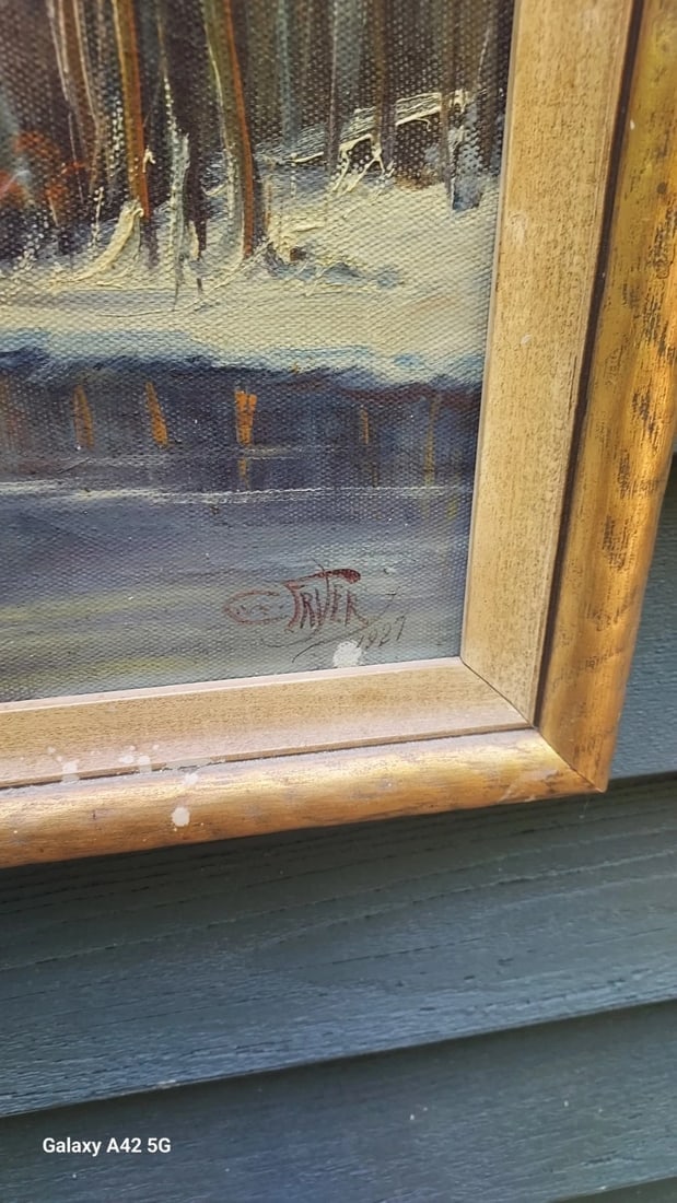 Oil painting Listed Artist CW Fryer gorgeous colors 20 x 40" Winter Scene - 4