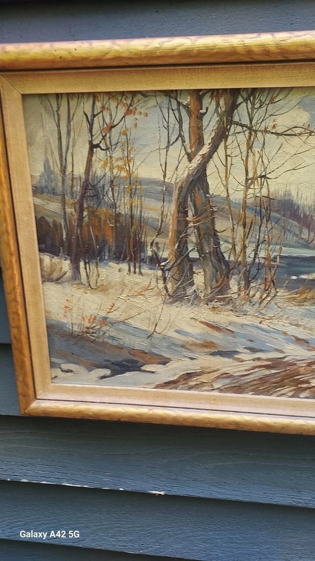 Oil painting Listed Artist CW Fryer gorgeous colors 20 x 40" Winter Scene - 5