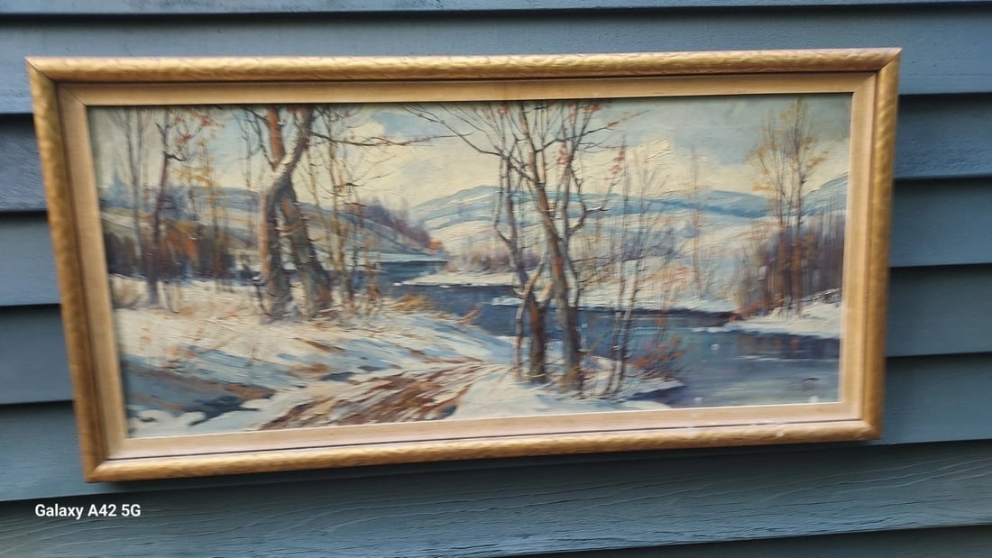 Oil painting Listed Artist CW Fryer gorgeous colors 20 x 40" Winter Scene - 6