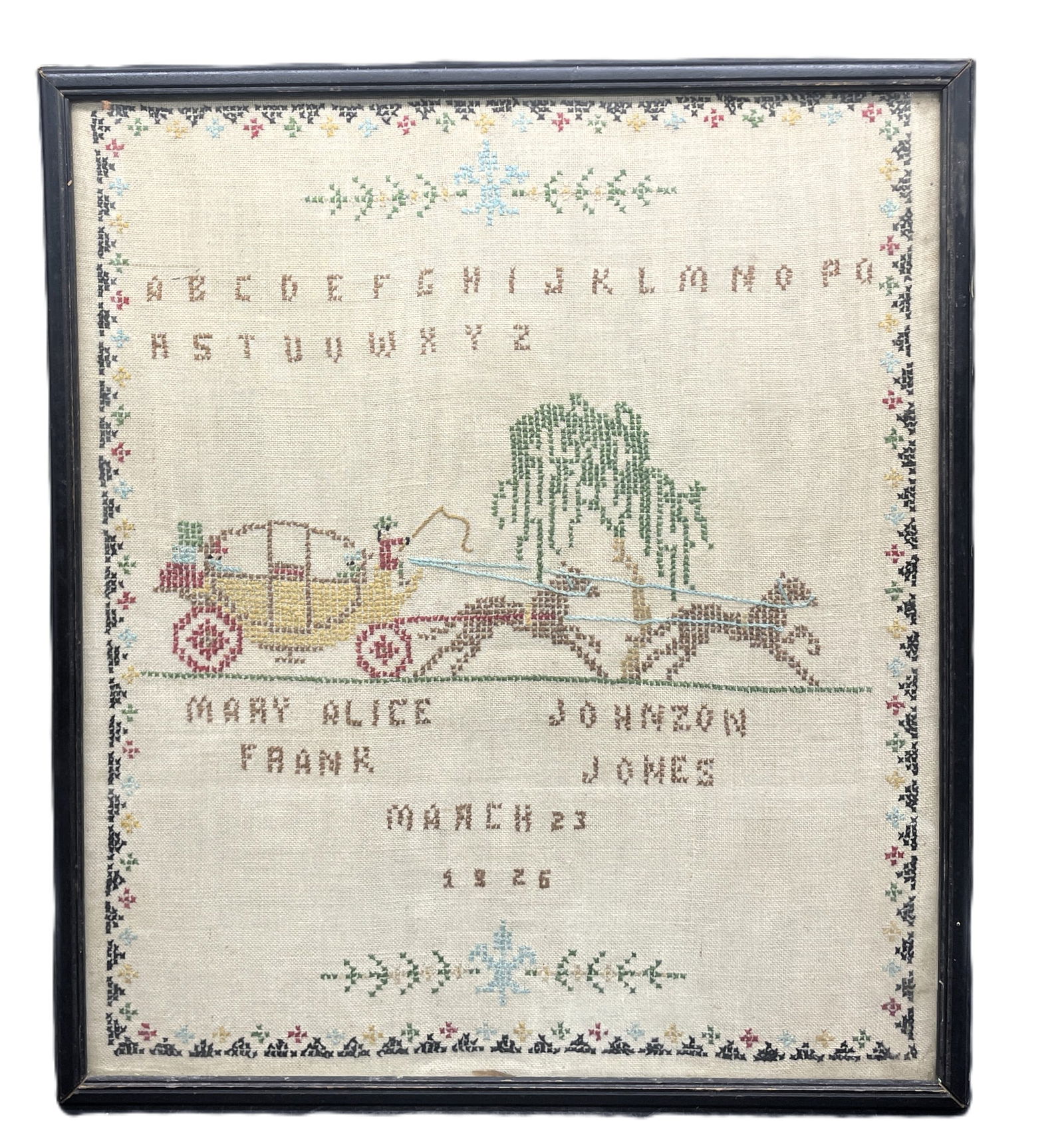 Antique Needlework Sampler - Hand Crafted - 1926: Date/Period: 1926 Dimension: 14 X 16 Material: mixed materials Additional Information: The Antique Needlework Sampler from 1926 is a beautifully handcrafted framed needlepoint piece, made in the Unite