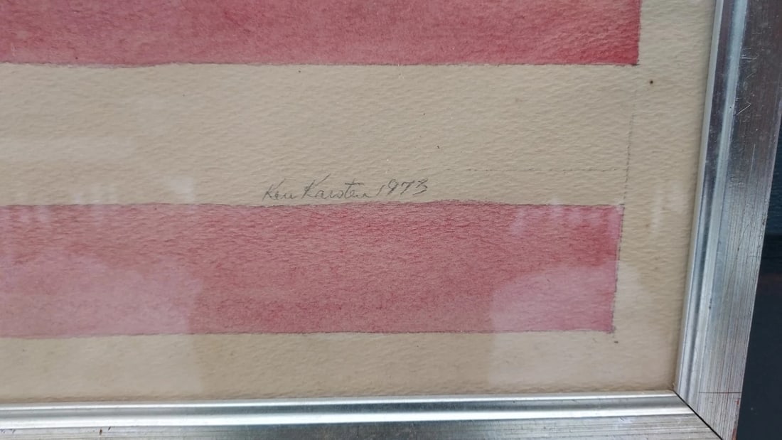 1970 Watercolor Flag Signed OH SAY WHAT YOU SEE Henry ward Beecher quote - 3