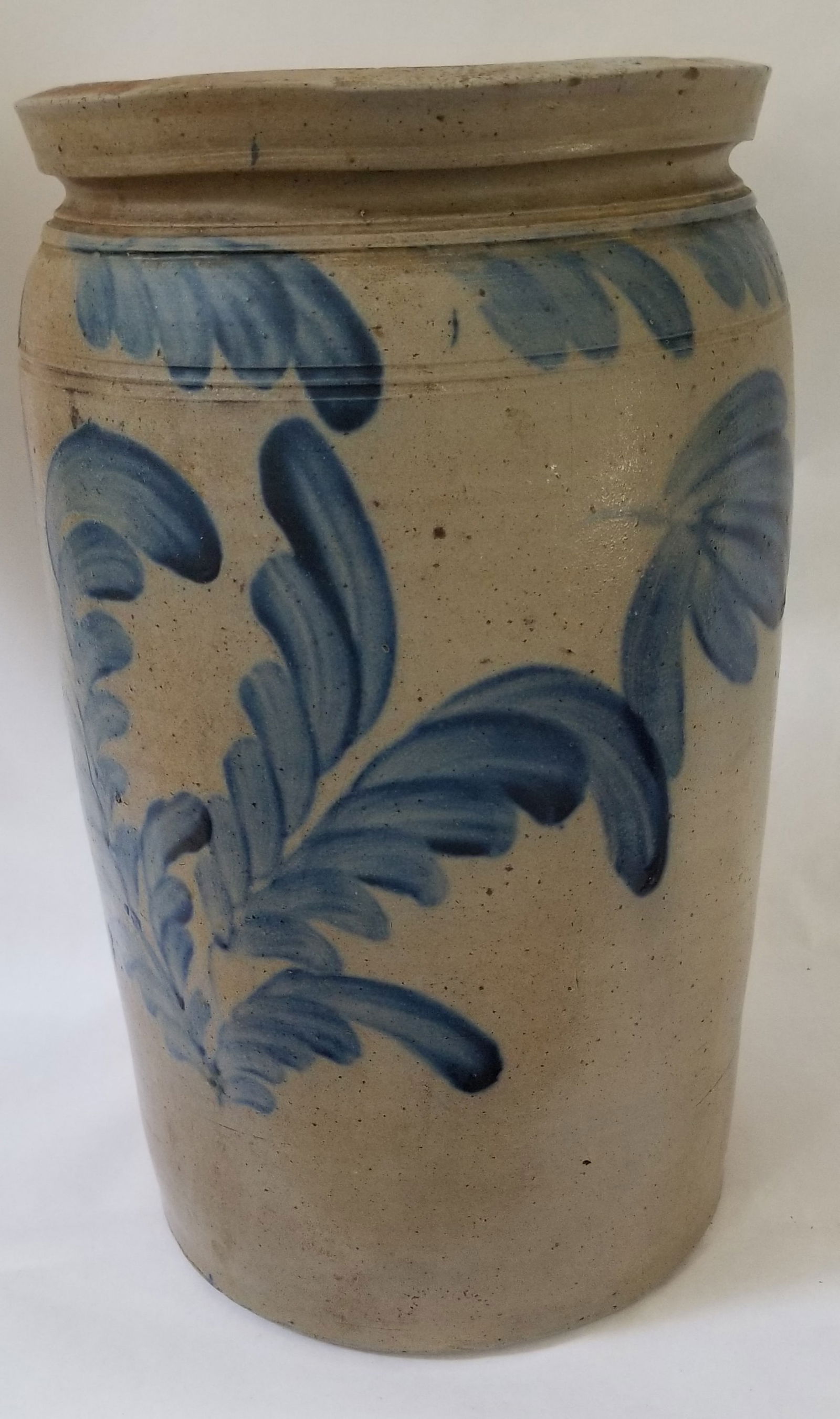 Wonderful 2 gallon cylindrical stoneware jar with 3 styles of cobalt decoration (1 of 3)