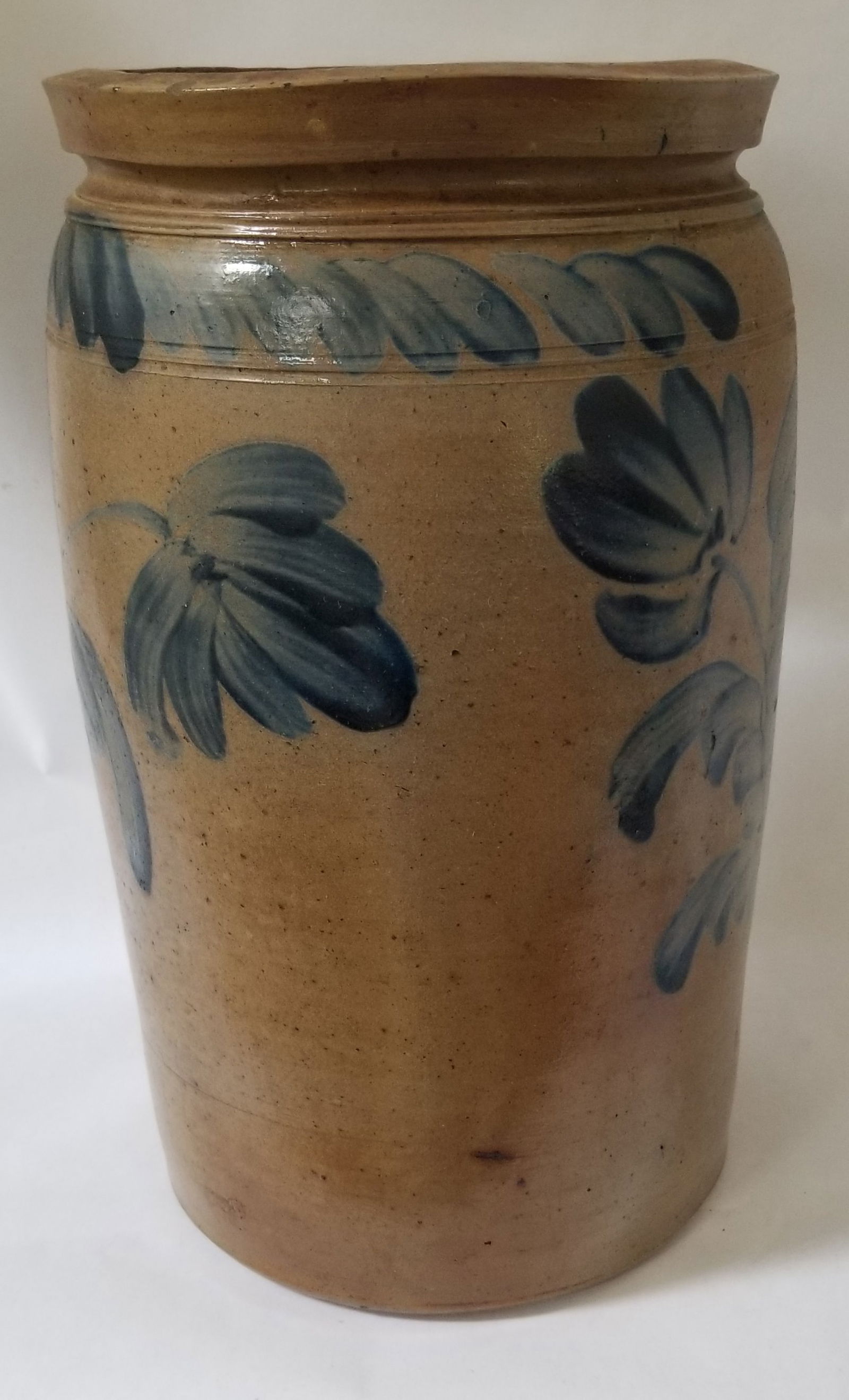 Wonderful 2 gallon cylindrical stoneware jar with 3 styles of cobalt decoration - 2