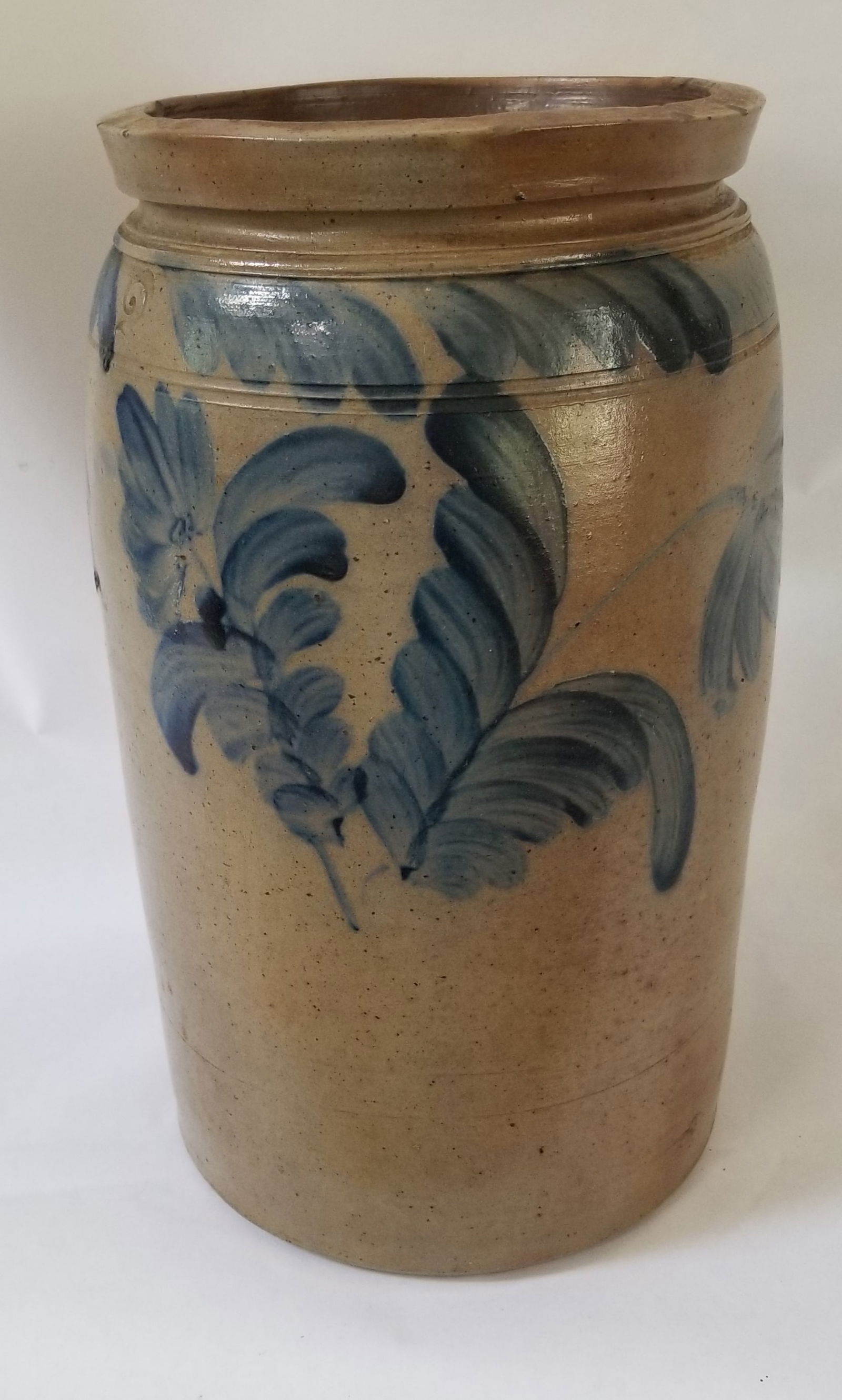 Wonderful 2 gallon cylindrical stoneware jar with 3 styles of cobalt decoration - 3