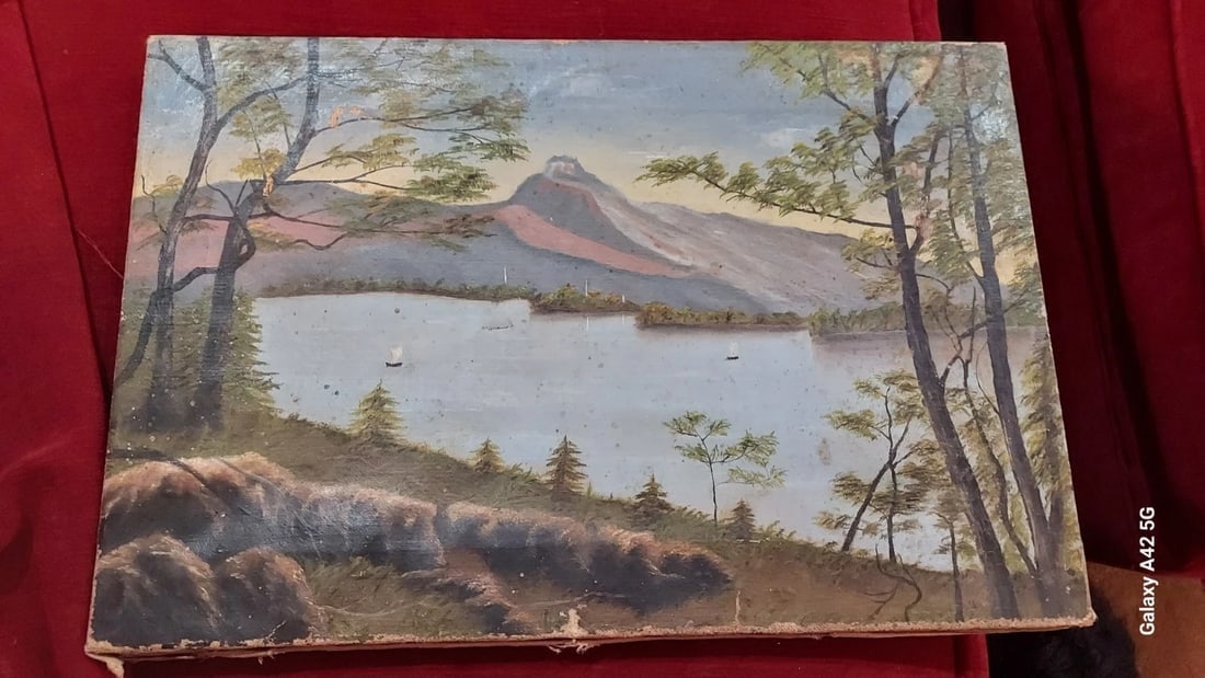 Oil painting Lake Scene Hudson River 19th century sailboat: Great looking piece in very good condition. Great look. Dates to 1890. Measures approximately 12 x 18" NO frame. Painted on canvas. Shipping charges include insurance. BID WITH CONFIDENCE AS ALL