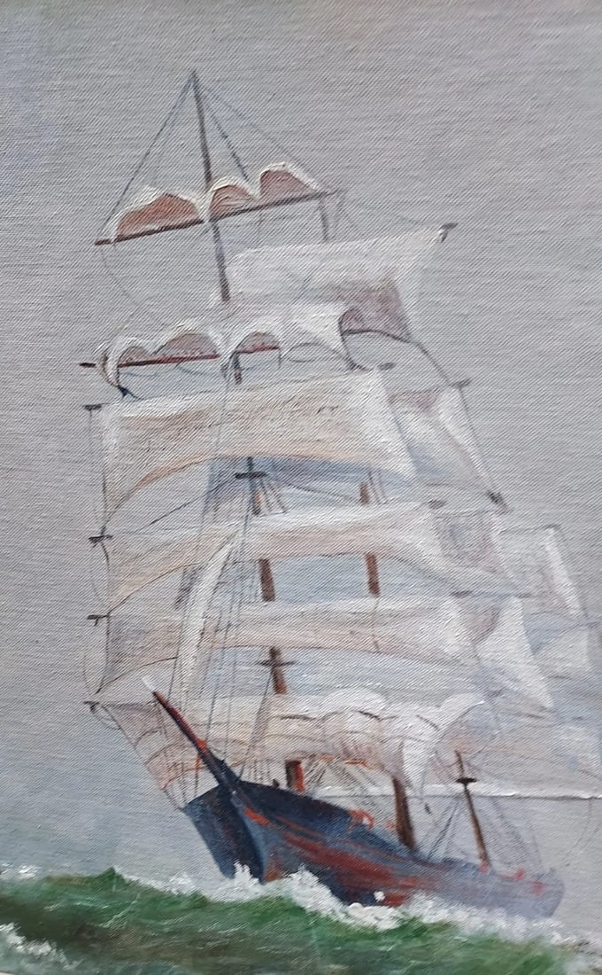 Oil painting Sailing Ship American Folk Art Painting signed 1973 - 2