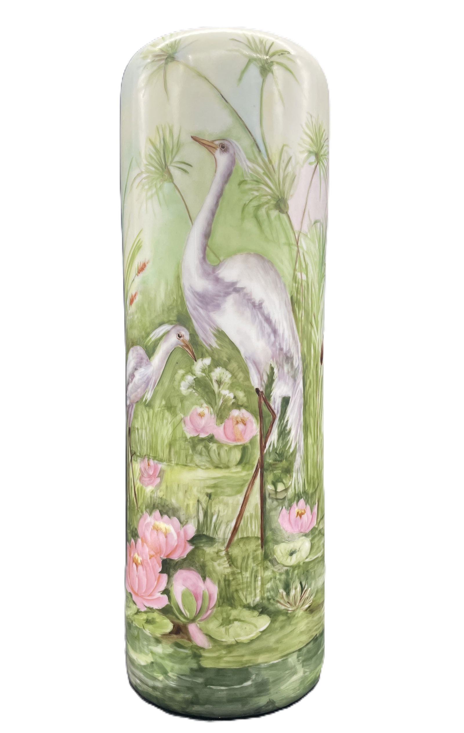 Antique Cylindrical Vase with Cranes Marked Vienna Austria 14.5" tall: Date/Period: circa approx. 1891-1914Dimension: Approx. 14.5" tall x 4.75" dMaterial: ceramicAdditional Information: Antique Cylindrical Vase with Cranes Marked Vienna Austria Shipping:Domestic: