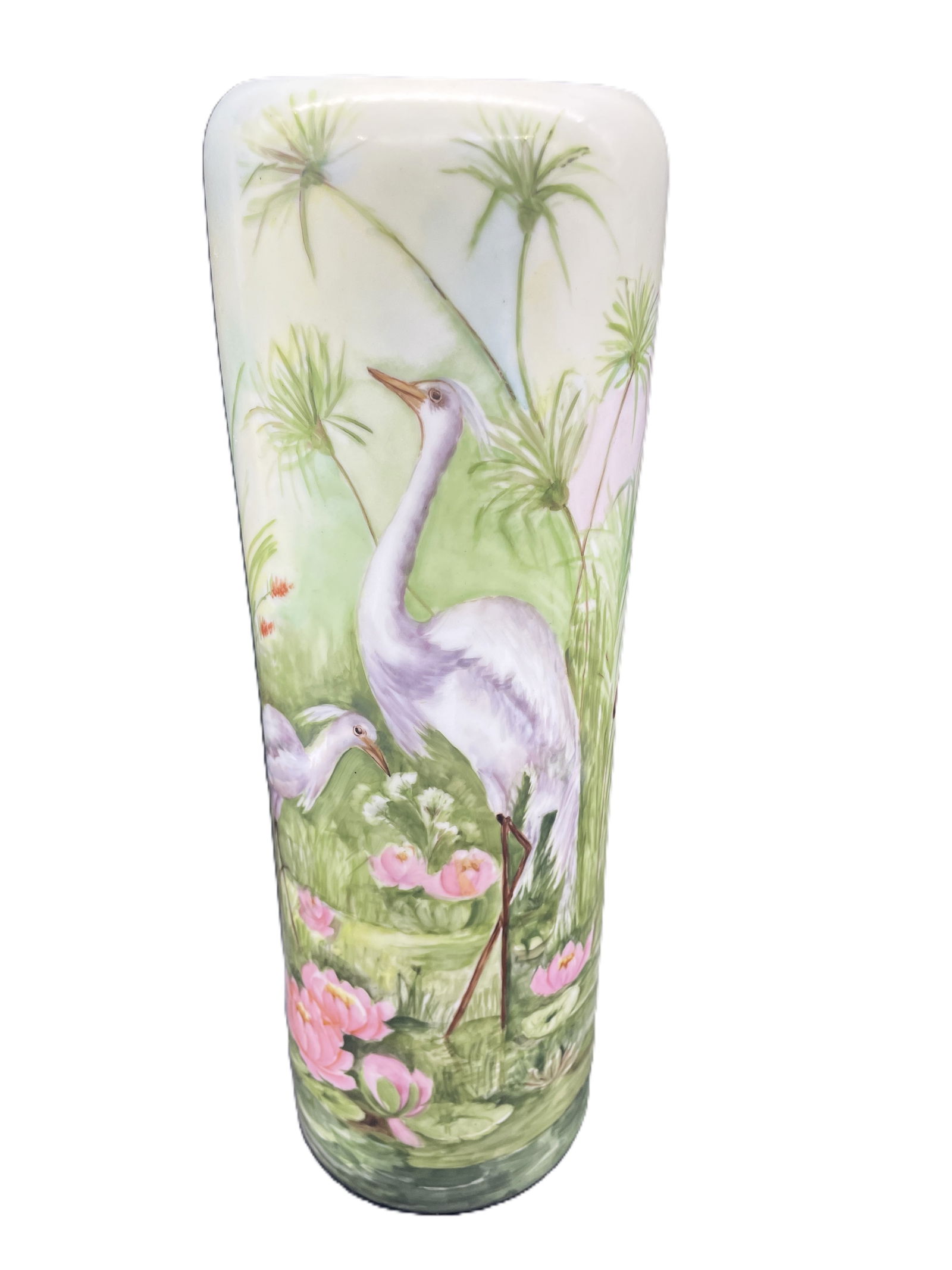 Antique Cylindrical Vase with Cranes Marked Vienna Austria 14.5" tall - 2