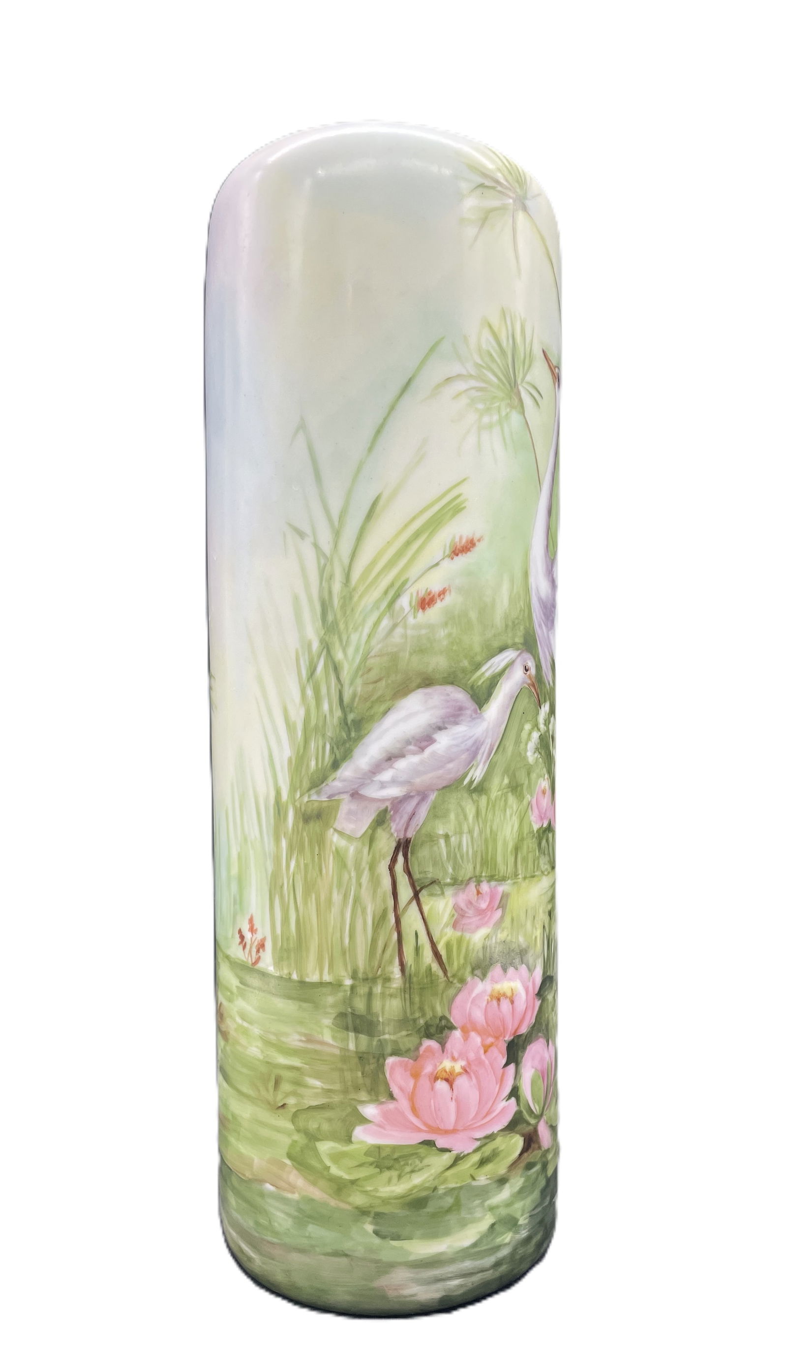 Antique Cylindrical Vase with Cranes Marked Vienna Austria 14.5" tall - 6